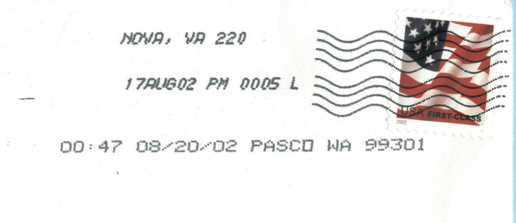 a Scan of an early USPS Inkjet Cancel from NO VA, 2002